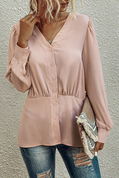 Creamtopmall V-Neck  Buttons Long Sleeve Blouse