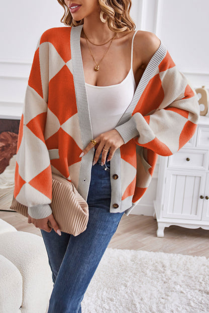 Creamtopmall V-neck geometric patchwork contrasting knitted cardigan