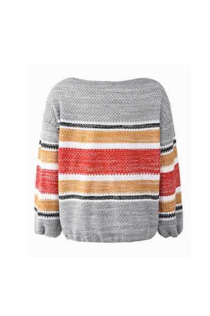 Creamtopmall Off-Shoulder Contrast Rainbow Striped Sweater