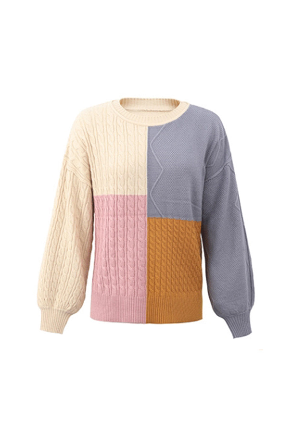 Creamtopmall Contrast Patchwork Twist Lantern Sleeve Sweater