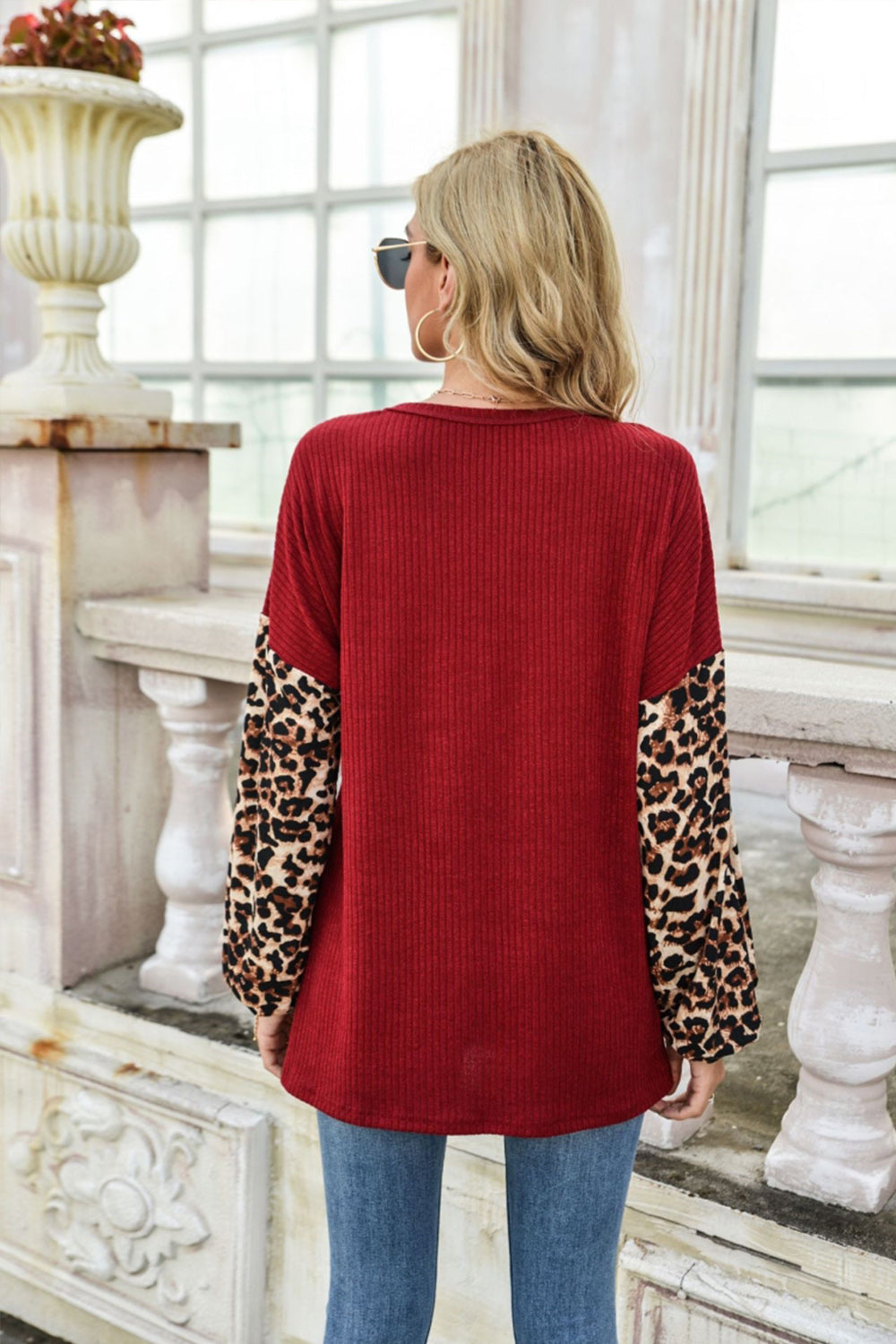 Creamtopmall Leopard Stitching Long Sleeve Sweater