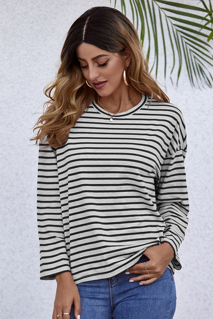 Creamtopmall Long-Sleeve Loose Round Neck Striped T-shirt