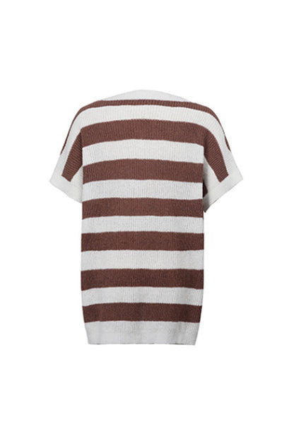 Creamtopmall V-Neck Striped Short-Sleeved Sweater