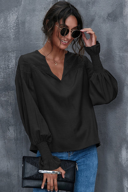 Creamtopmall Lantern Sleeves V-neck Hollow Slit Blouse