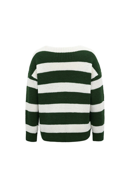 Creamtopmall V-Neck Striped Waffle Sweater