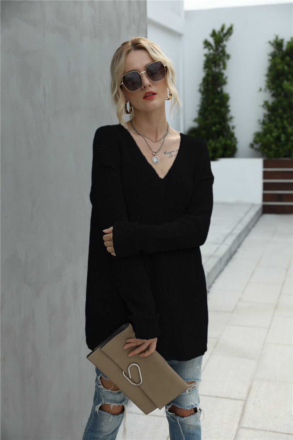 Creamtopmall Solid Color Deep V Knitted Loose Sweater