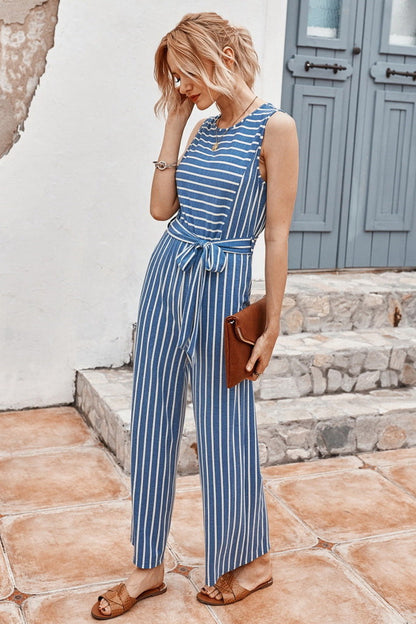 creamtopmall Striped Belt Jumpsuit