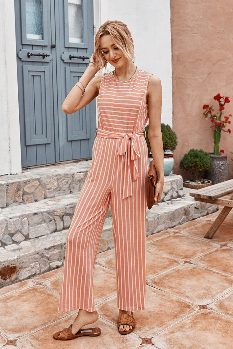 creamtopmall Striped Belt Jumpsuit