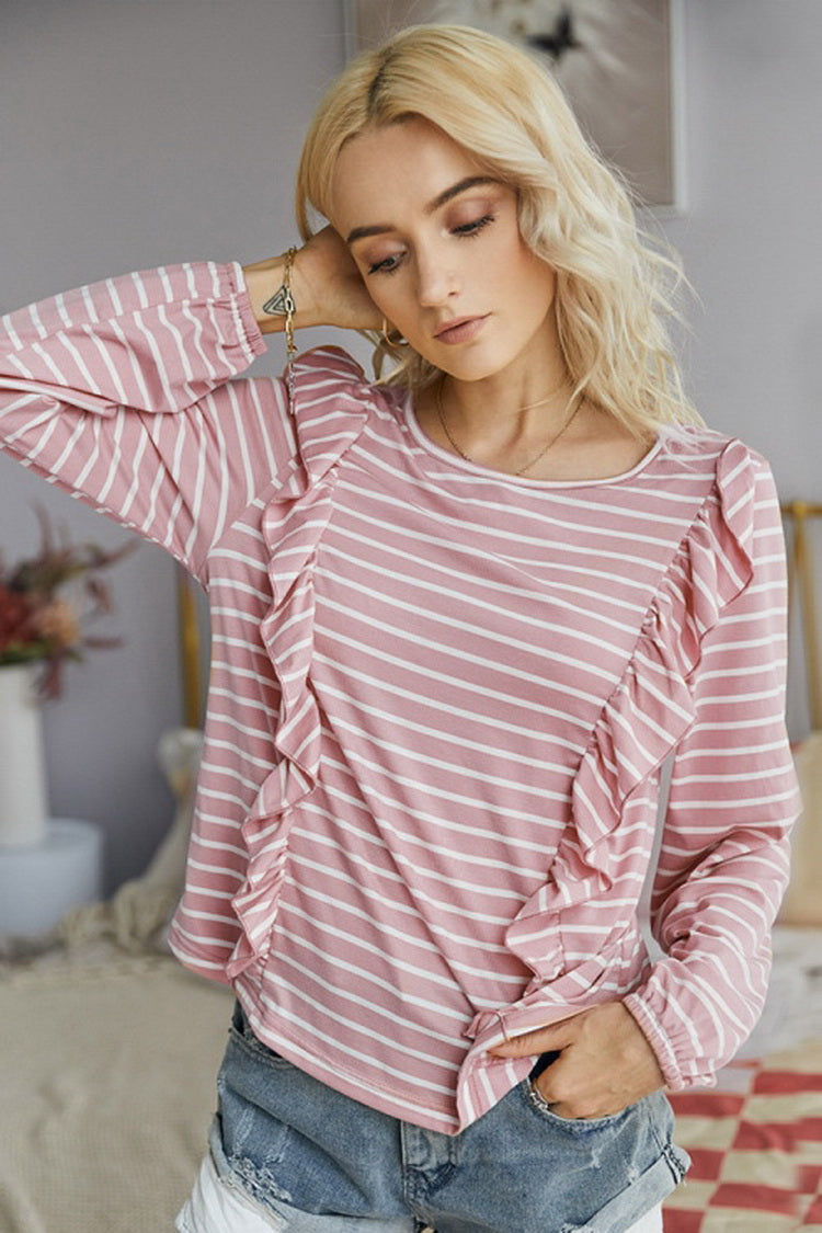 Creamtopmall Ruffled Striped T-Shirt