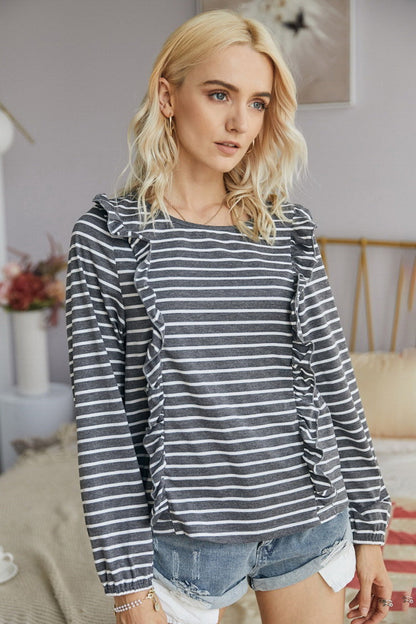 Creamtopmall Ruffled Striped T-Shirt