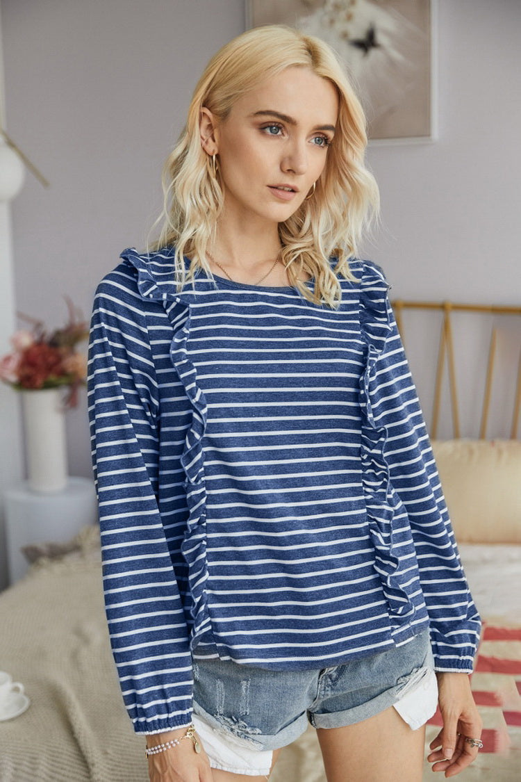 Creamtopmall Ruffled Striped T-Shirt