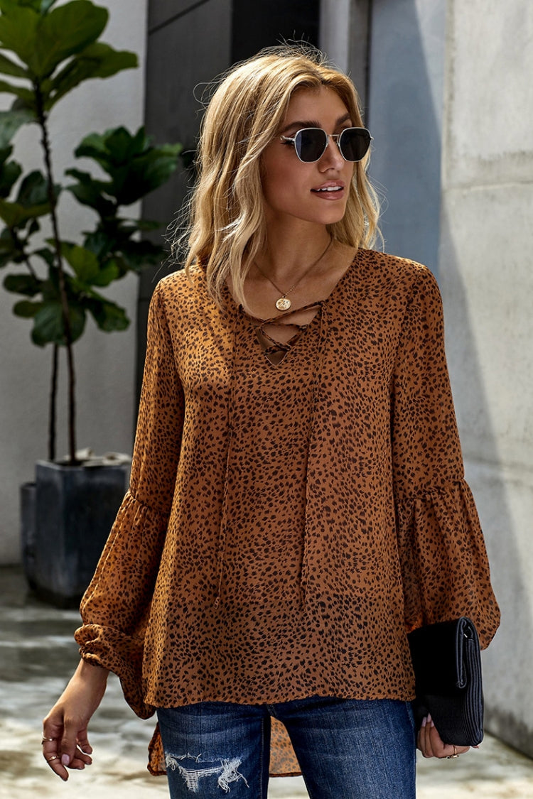 Creamtopmall Lantern Long Sleeve Leopards Chiffon Top