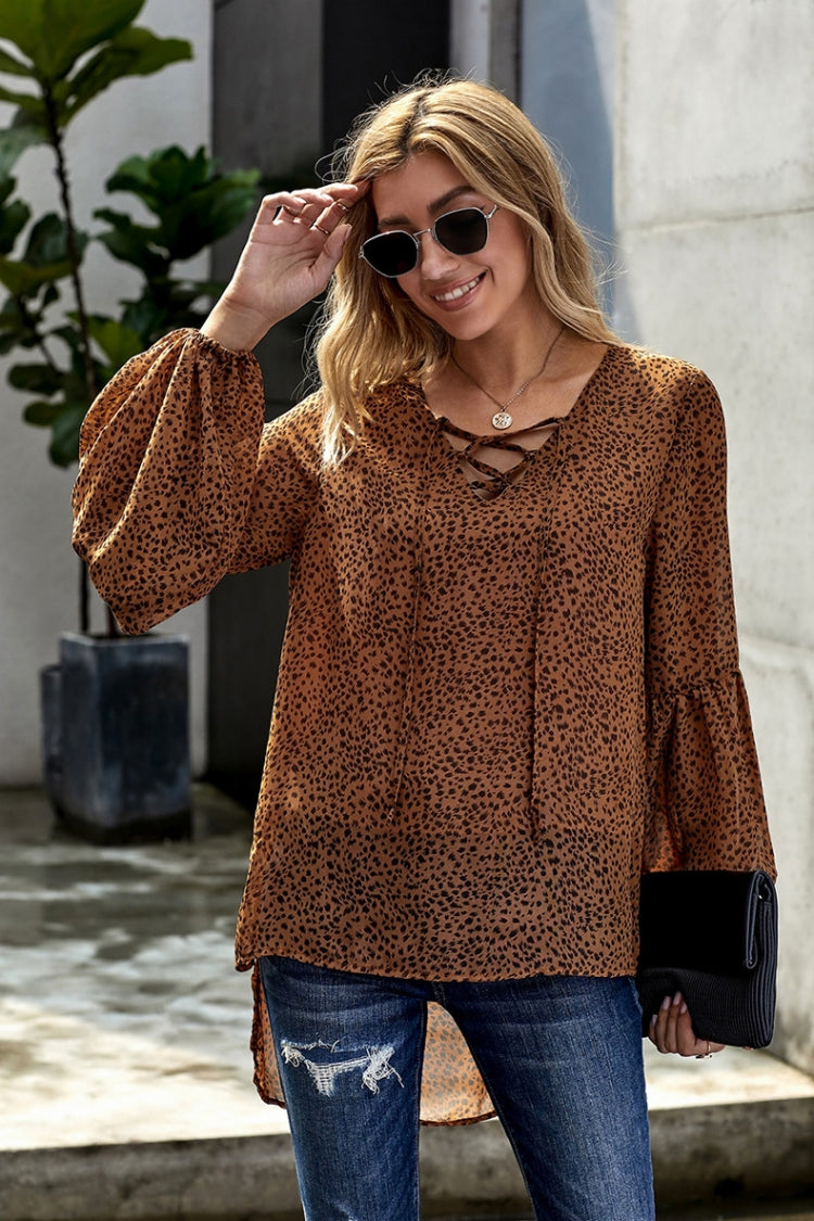 Creamtopmall Lantern Long Sleeve Leopards Chiffon Top