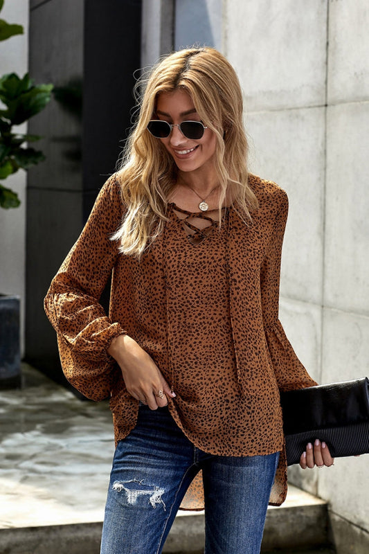 Creamtopmall Lantern Long Sleeve Leopards Chiffon Top