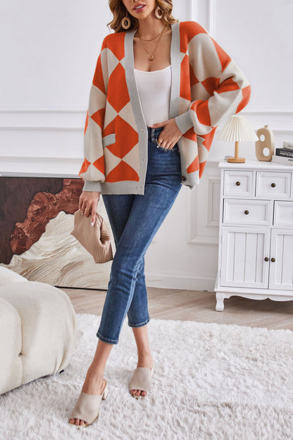 Creamtopmall V-neck geometric patchwork contrasting knitted cardigan