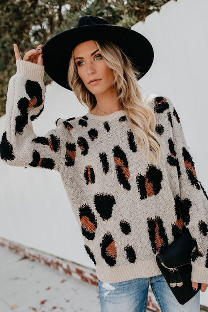 Creamtopmall Leopard Round Neck Pullover Sweater