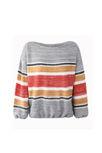 Creamtopmall Off-Shoulder Contrast Rainbow Striped Sweater