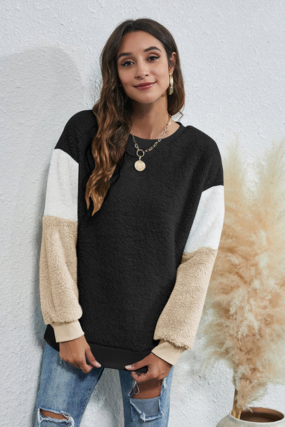 Creamtopmall Round Neck Three-Color Patchwork Sweater