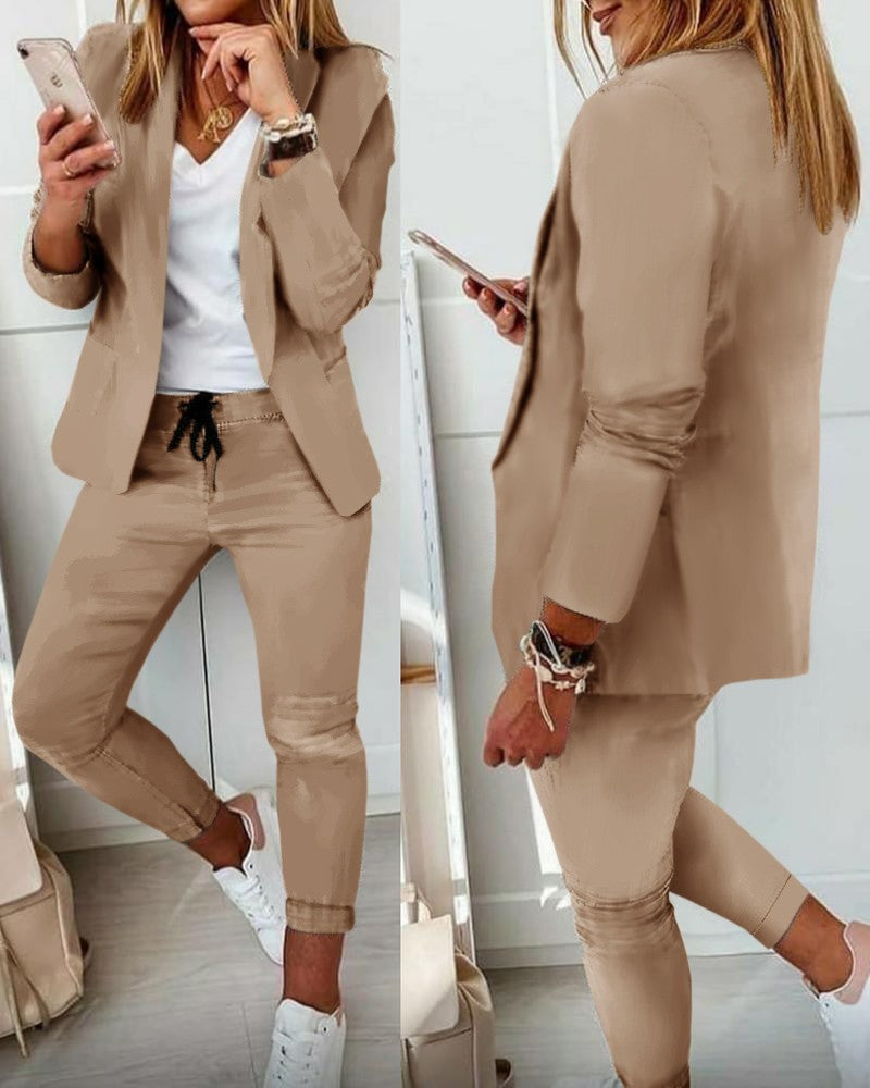 Creamtopmall Lapel Neck Blazer Coat & Drawstring Pants Set