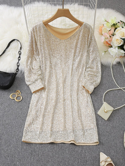 Creamtopmall Party Wear V Neck Long Sleeve Contrast Sequin Dress