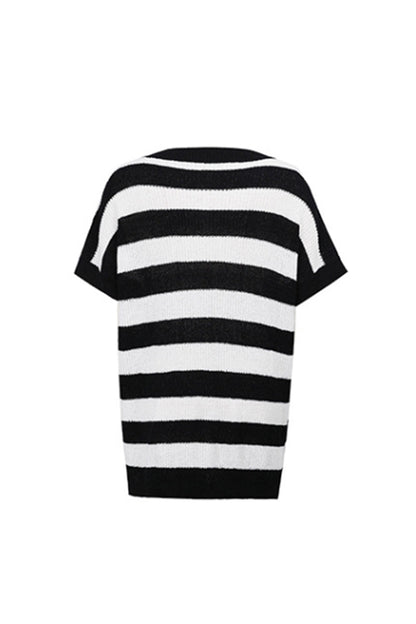 Creamtopmall V-Neck Striped Short-Sleeved Sweater