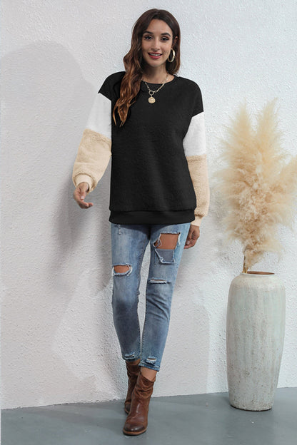 Creamtopmall Round Neck Three-Color Patchwork Sweater