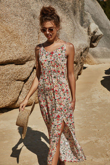 Creamtopmall Irregular Slit Sling Floral Dress