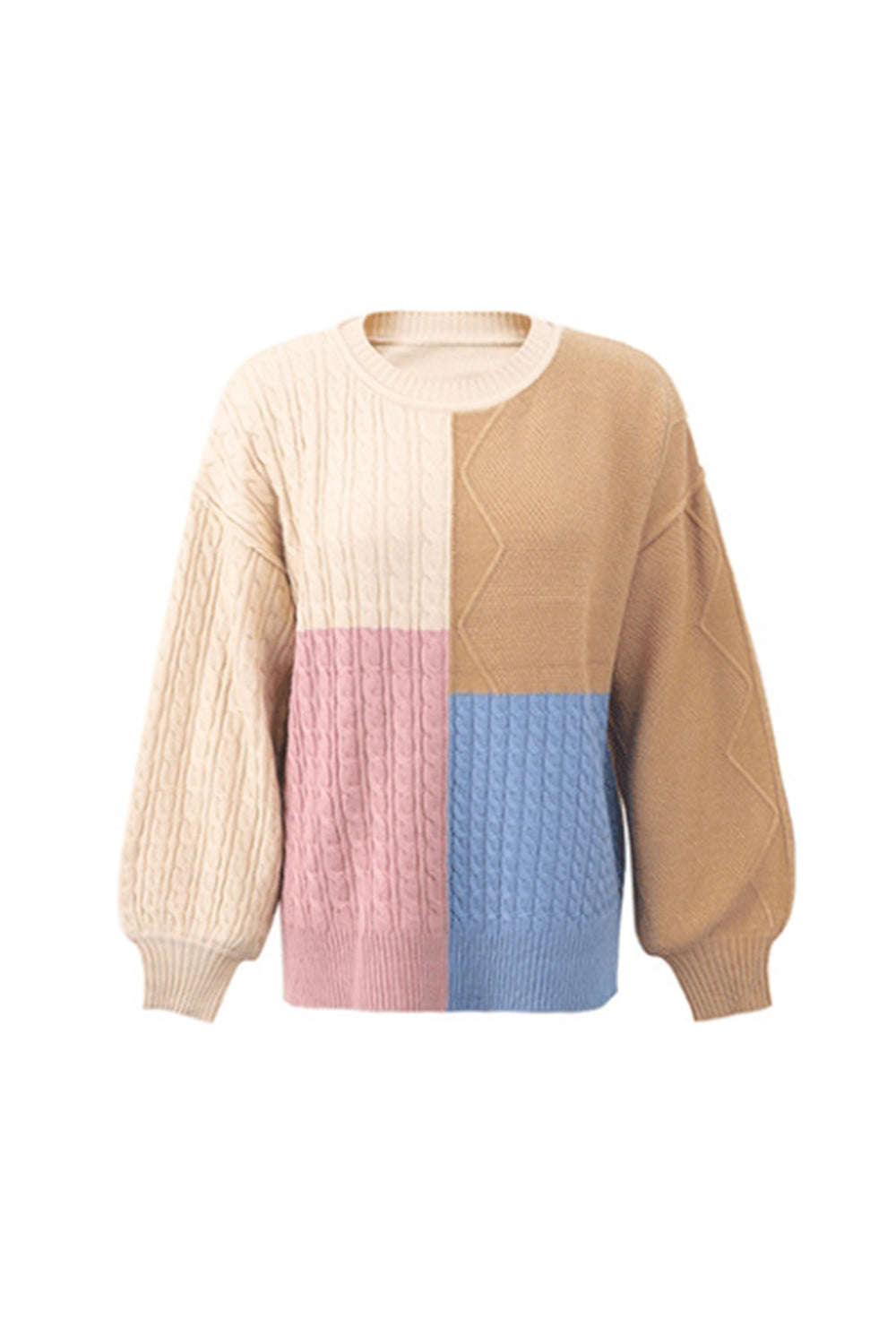 Creamtopmall Contrast Patchwork Twist Lantern Sleeve Sweater