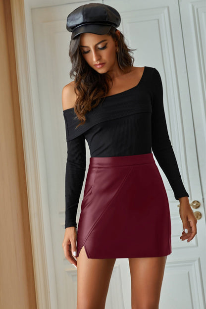 Creamtopmall High Waist Irregular PU Leather Skirt