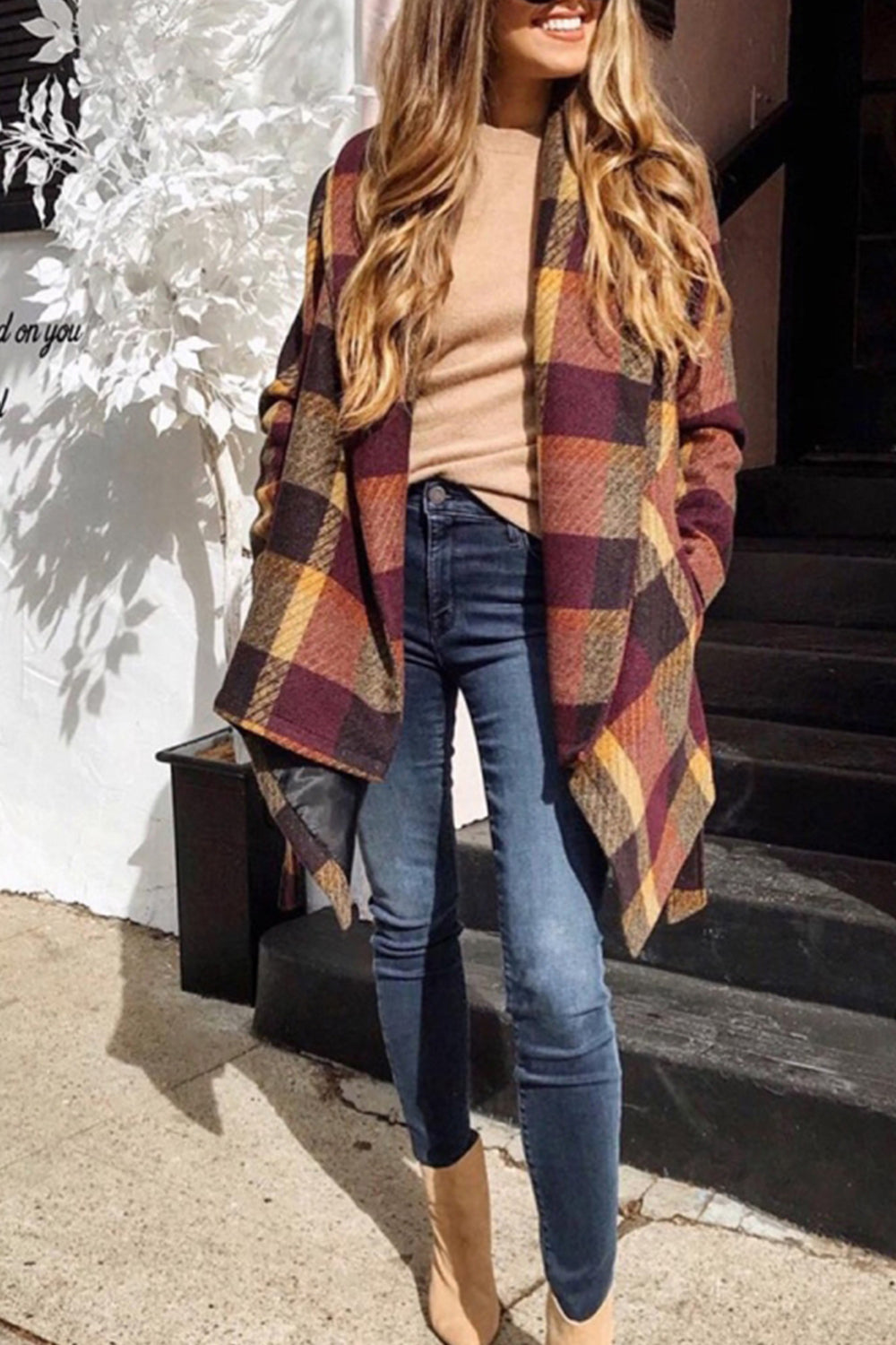 Creamtopmall Tweed Belt Plaid Coat