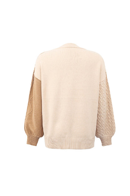 Creamtopmall Contrast Patchwork Twist Lantern Sleeve Sweater