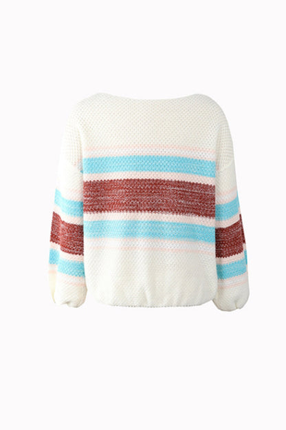 Creamtopmall Off-Shoulder Contrast Rainbow Striped Sweater