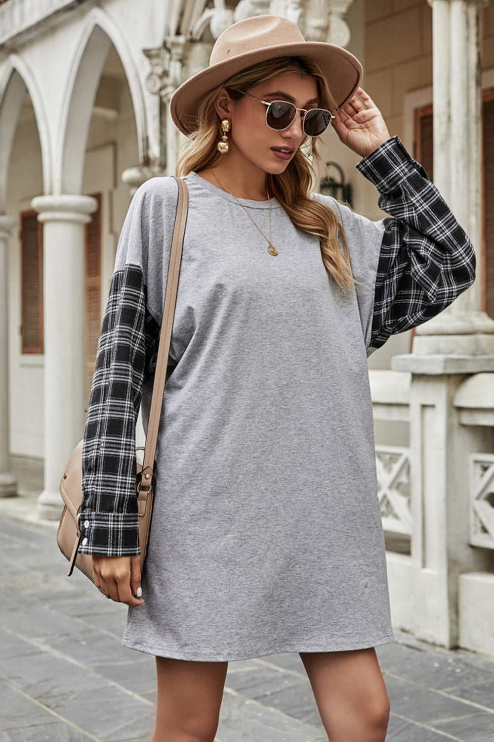 Creamtopmall Round Neck Stitching Plaid Sweater Dress