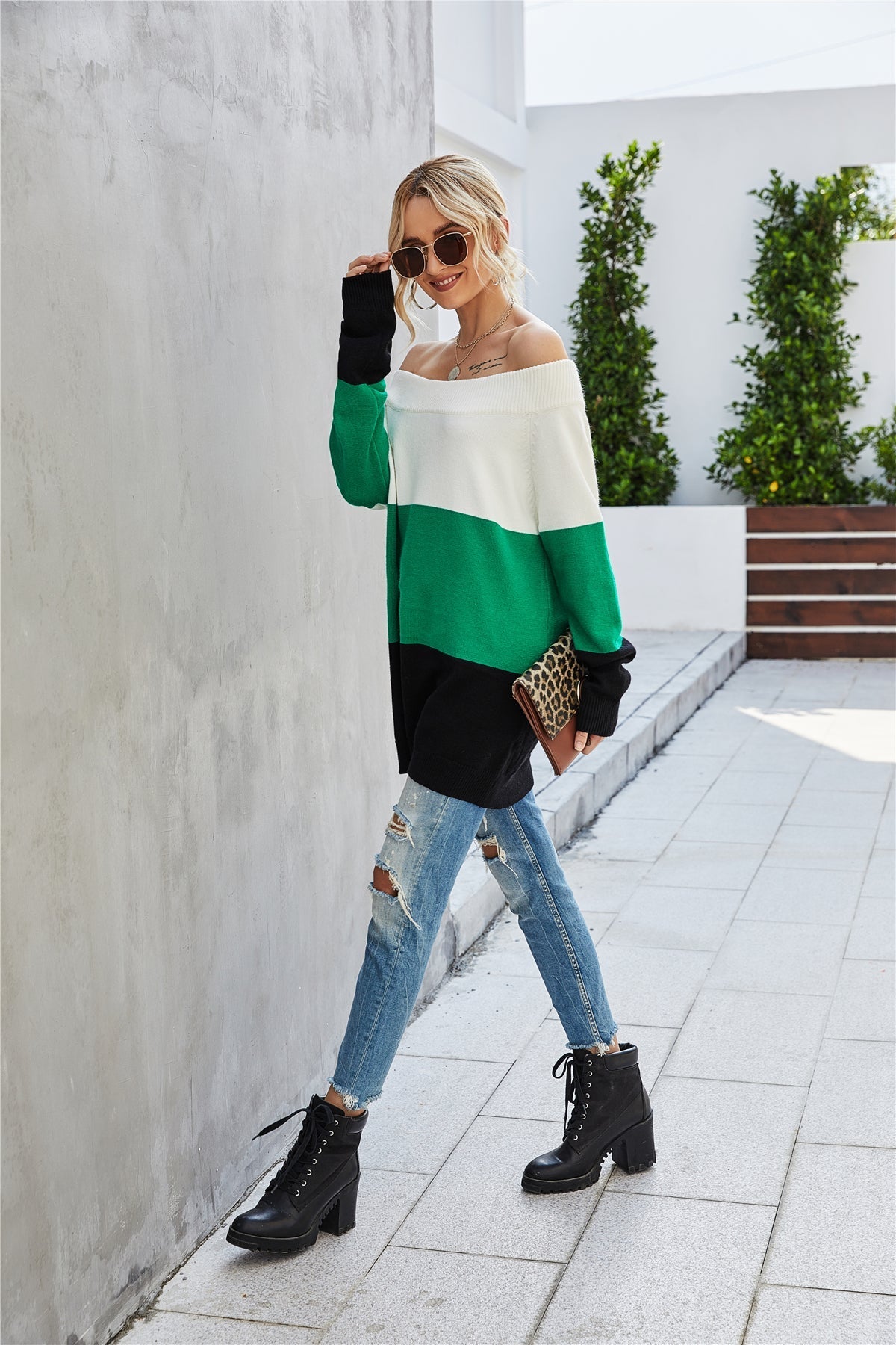 Creamtopmall Off The Shoulder Color Block Sweater