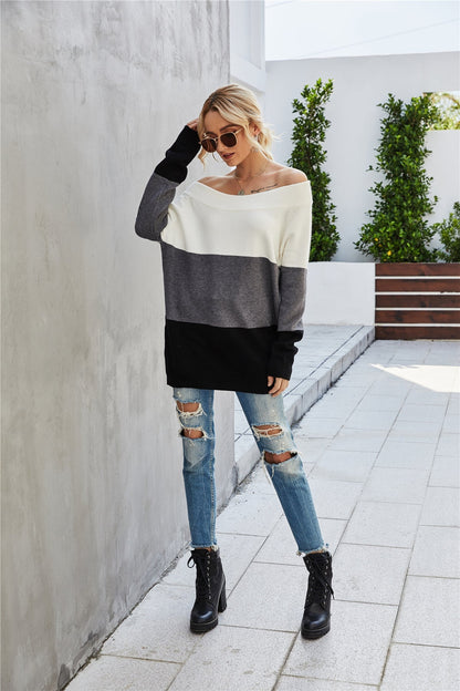 Creamtopmall Off The Shoulder Color Block Sweater