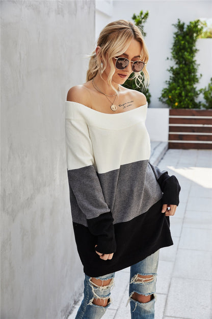 Creamtopmall Off The Shoulder Color Block Sweater