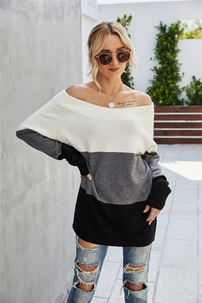 Creamtopmall Off The Shoulder Color Block Sweater