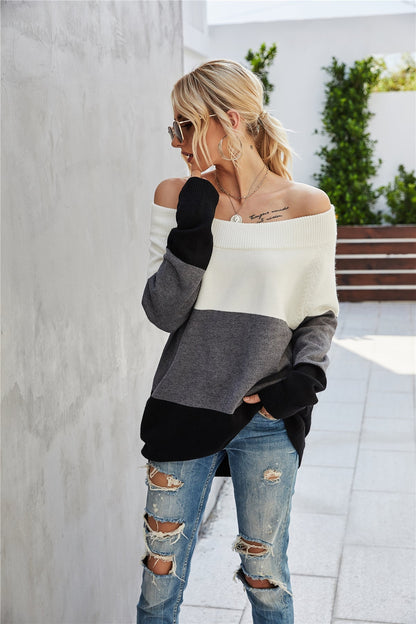 Creamtopmall Off The Shoulder Color Block Sweater