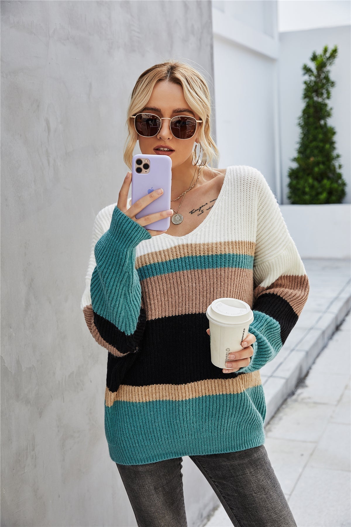 Creamtopmall Stitching V-Neck Large Size Knitted Sweater