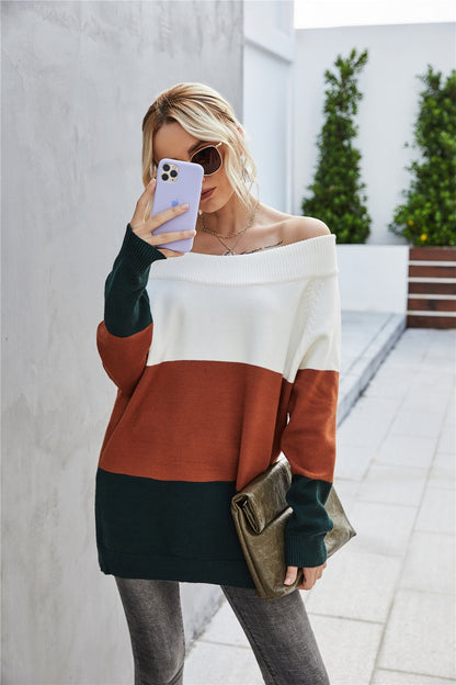 Creamtopmall Off The Shoulder Color Block Sweater