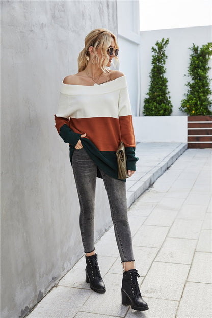 Creamtopmall Off The Shoulder Color Block Sweater