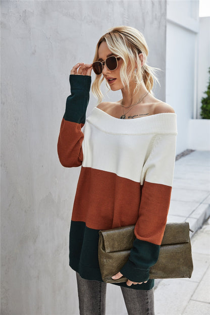 Creamtopmall Off The Shoulder Color Block Sweater