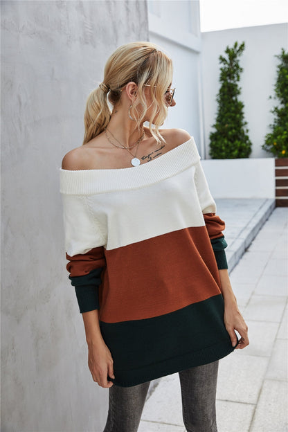 Creamtopmall Off The Shoulder Color Block Sweater