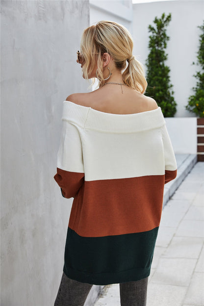 Creamtopmall Off The Shoulder Color Block Sweater