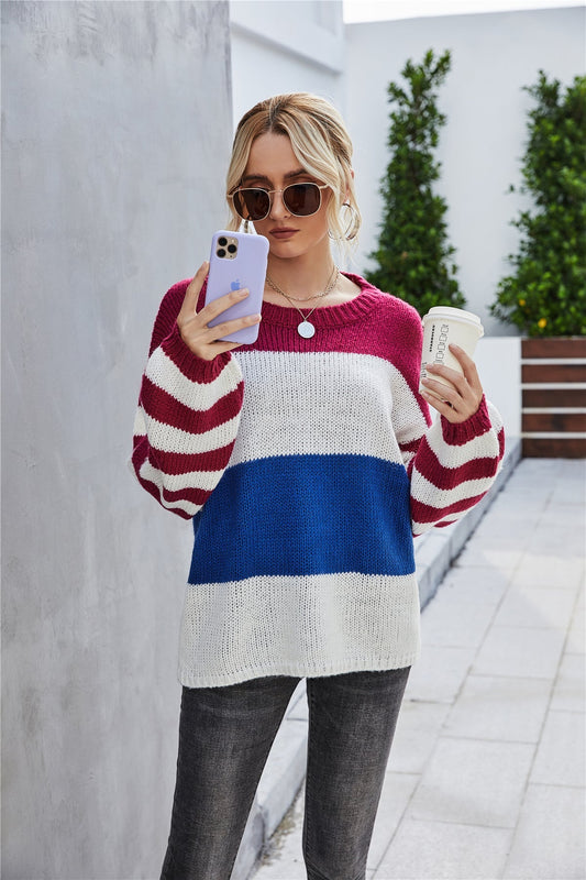 Creamtopmall Patchwork Large Size  Round Collar Sweater