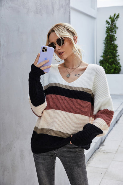 Creamtopmall Stitching V-Neck Large Size Knitted Sweater