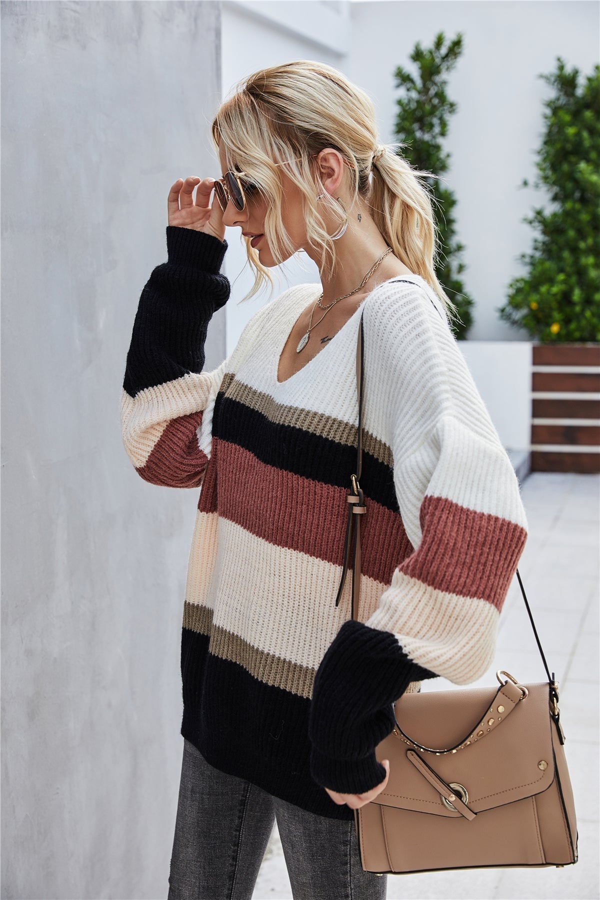 Creamtopmall Stitching V-Neck Large Size Knitted Sweater