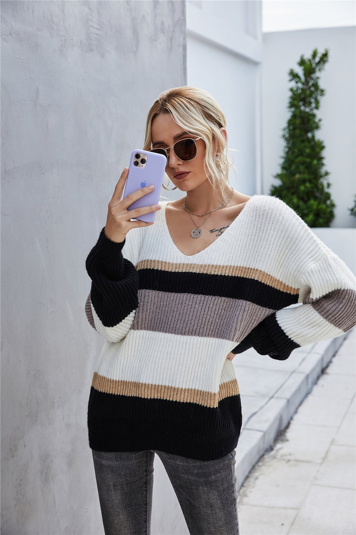 Creamtopmall Stitching V-Neck Large Size Knitted Sweater