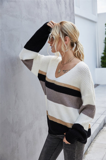 Creamtopmall Stitching V-Neck Large Size Knitted Sweater