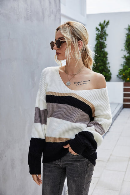 Creamtopmall Stitching V-Neck Large Size Knitted Sweater